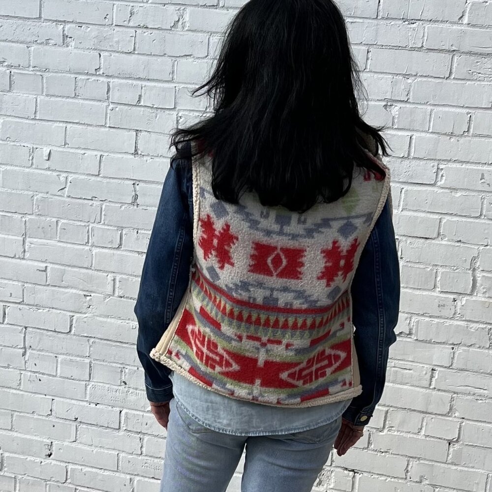 Faux Sherpa Reversible  Vest with Red Blue Green Vintage  Cotton Beacon Back